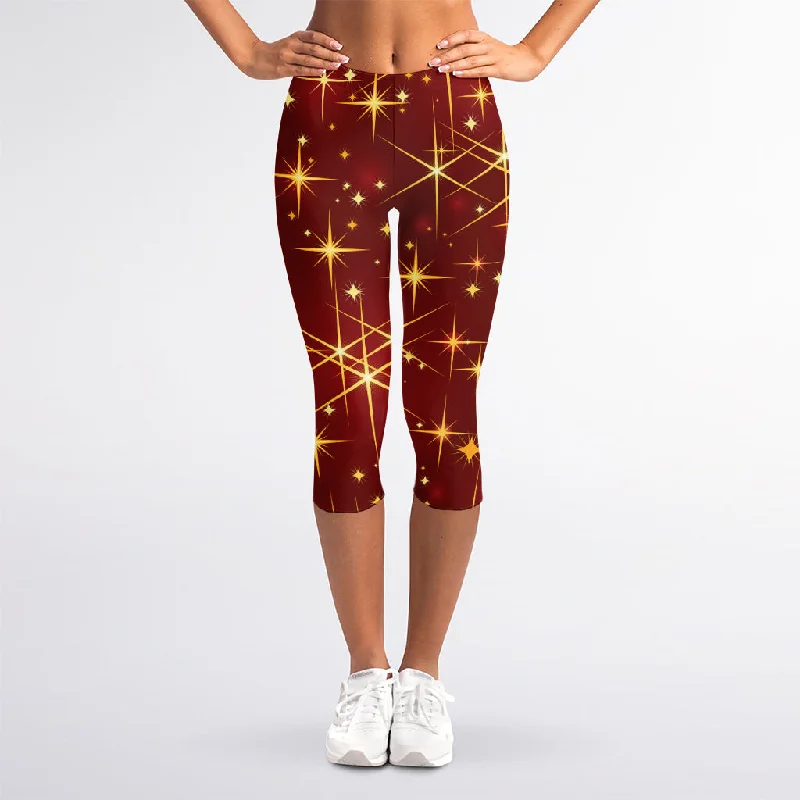 Christmas Sparkle Print Women's Capri Leggings Stylish Sporty Performance Leggings