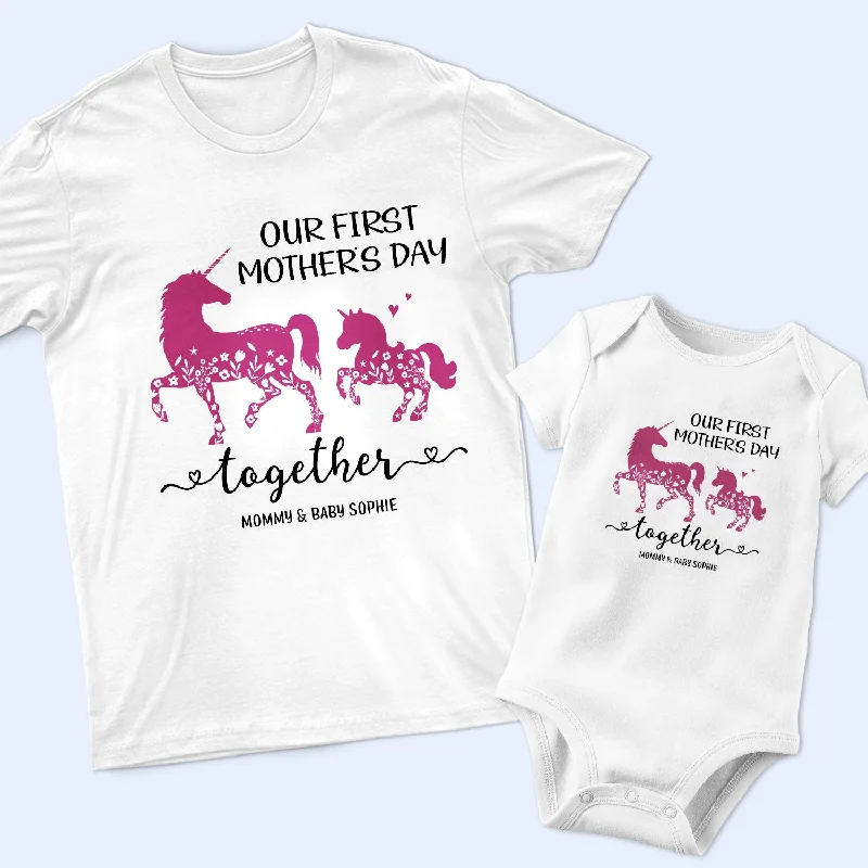 Our First Mother's Day - Gift For Mom And Her Baby - Personalized Combo T Shirt And Baby Onesie Hooded Caped Shawl Collar