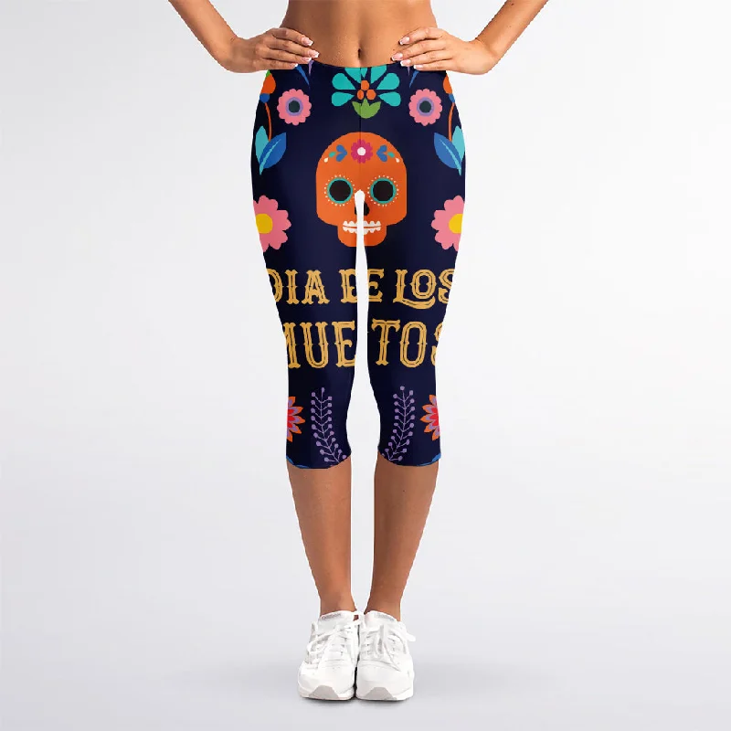 Cinco de Mayo Day Of The Dead Print Women's Capri Leggings Fashionable High-Rise Workout Leggings