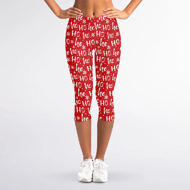 Christmas Santa Laugh Pattern Print Women's Capri Leggings Trendy Cut-Out Activewear Leggings