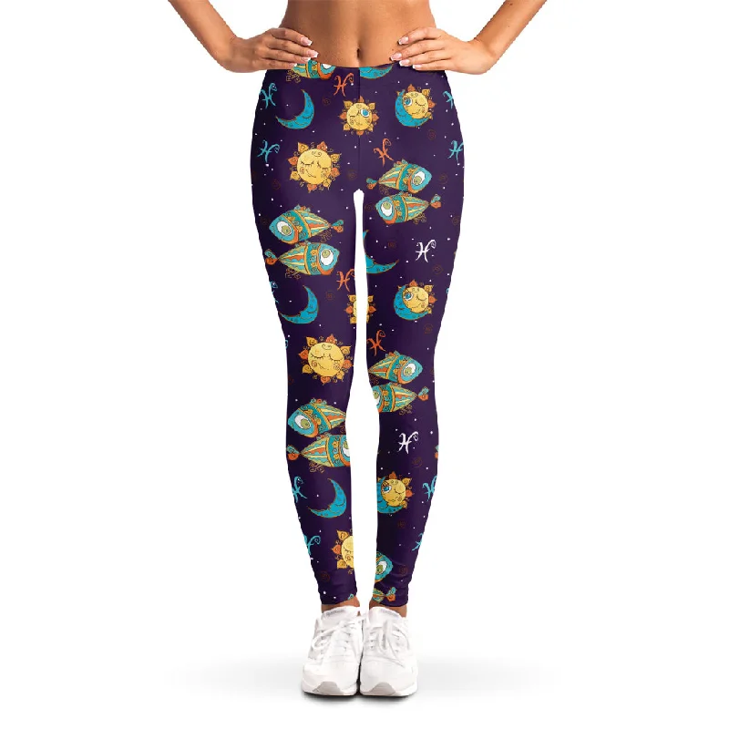 Cute Cartoon Pisces Pattern Print Women's Leggings Comfortable Running Leggings