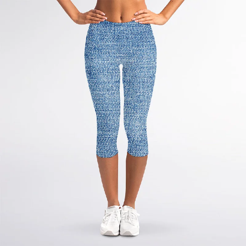 Classic Blue Denim Jeans Print Women's Capri Leggings Comfortable Ribbed Waistband Leggings