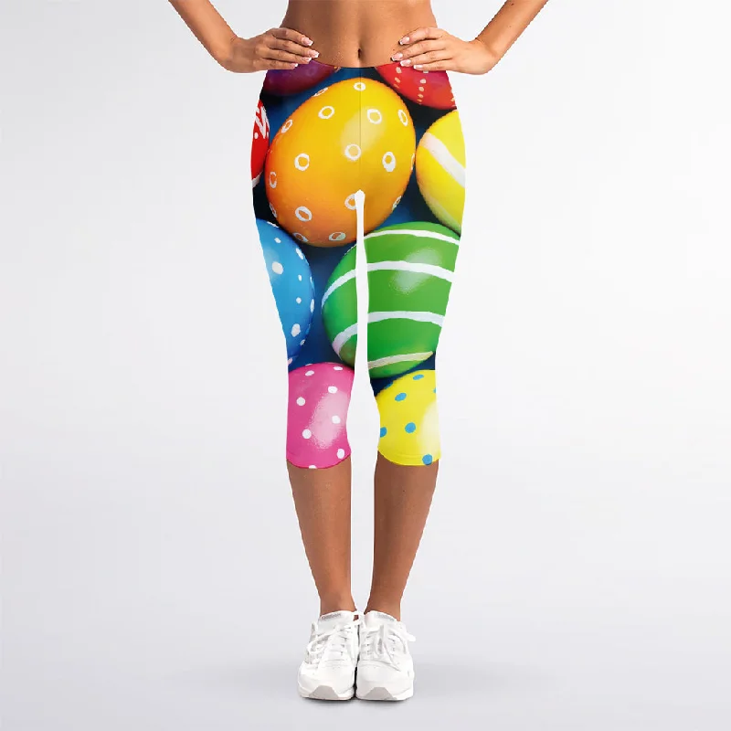 Colorful Easter Eggs Print Women's Capri Leggings Fashionable Solid Color Tights