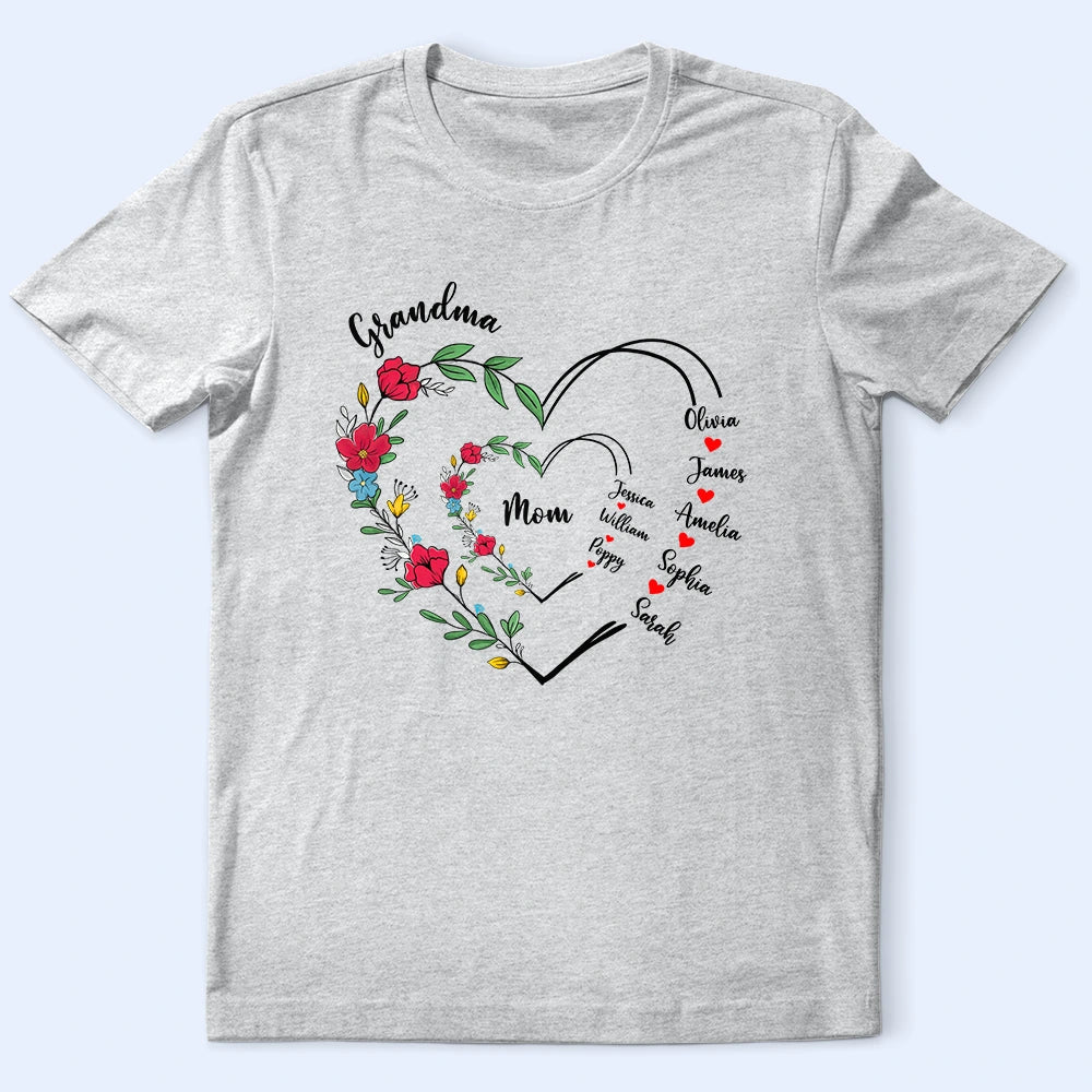 Grandma Sweet Heart Flowers - Personalized T Shirt Hooded Caped Shawl Collar