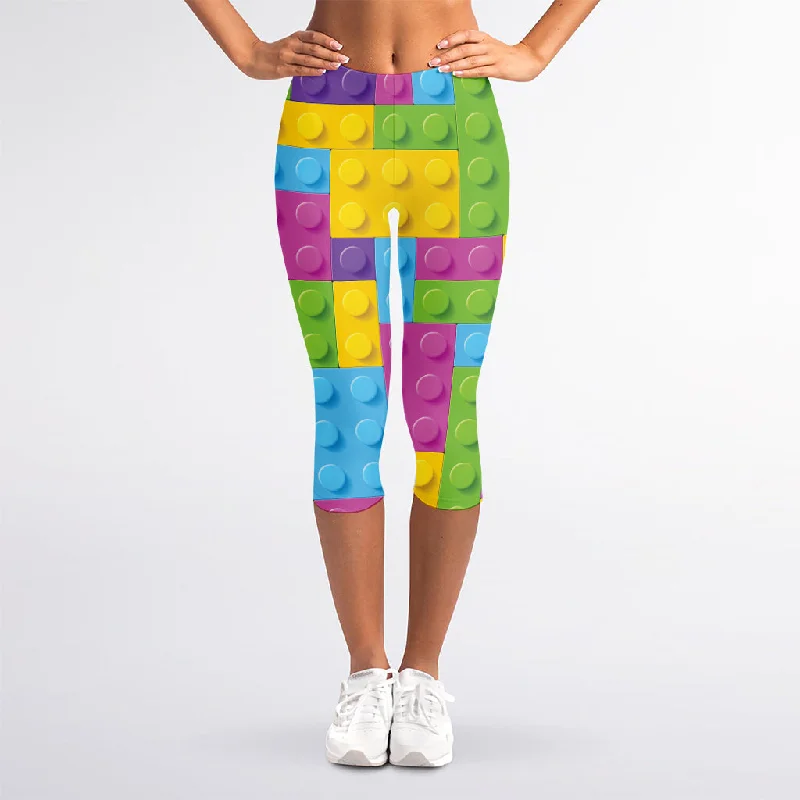 Colorful Building Blocks Pattern Print Women's Capri Leggings Cozy Mid-Rise Workout Leggings