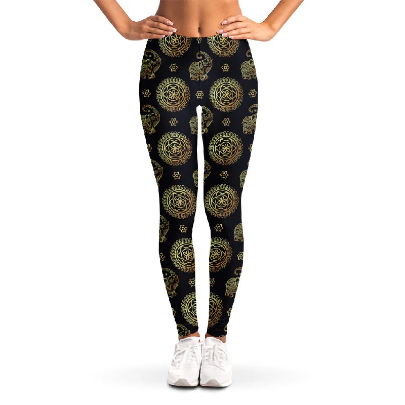 Cute Gold Boho Elephant Pattern Print Women's Leggings Trendy Leather-Look Workout Leggings