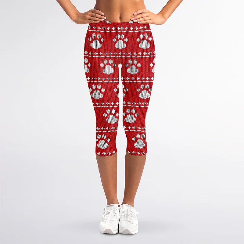 Christmas Paw Knitted Pattern Print Women's Capri Leggings Fashionable Lacy Detail Leggings