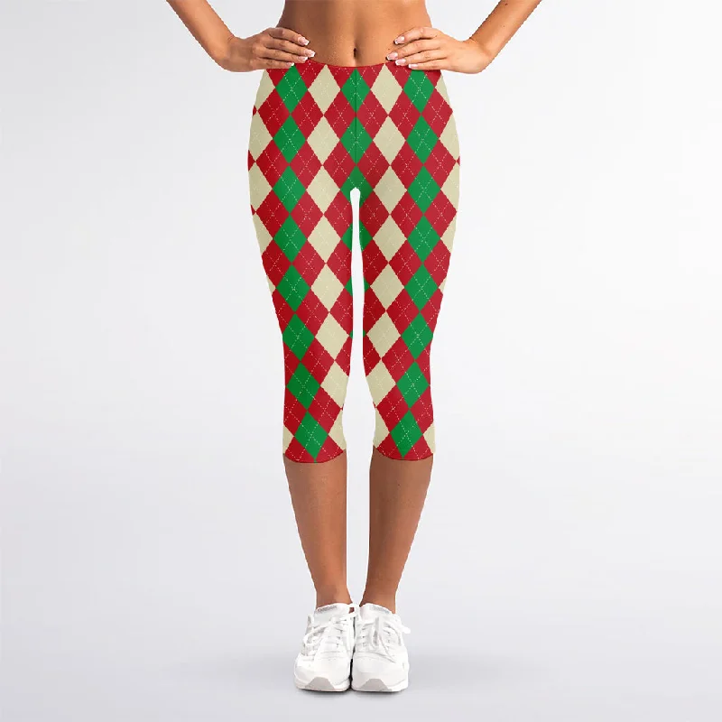 Christmas Themed Argyle Pattern Print Women's Capri Leggings Fashionable Ribbed Knit Leggings