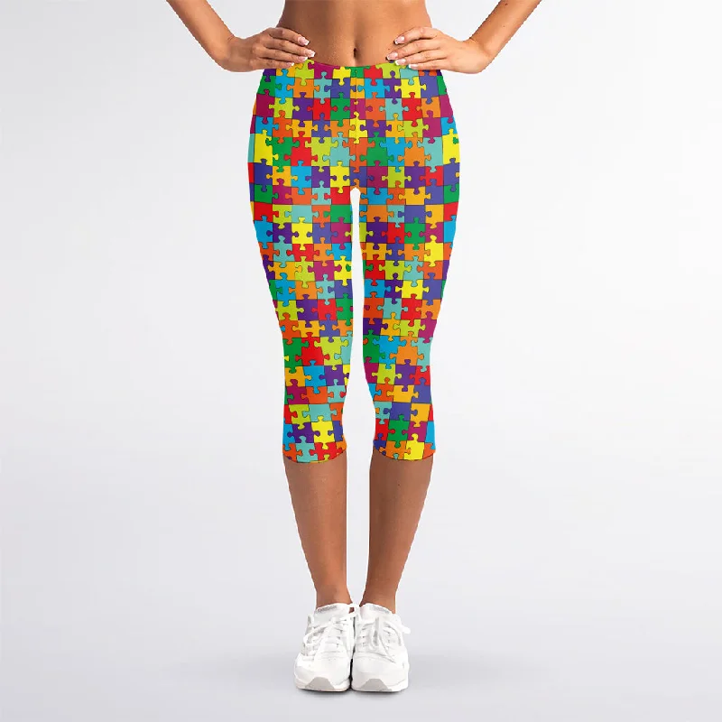 Colorful Autism Awareness Puzzle Print Women's Capri Leggings Cozy Cotton Leggings