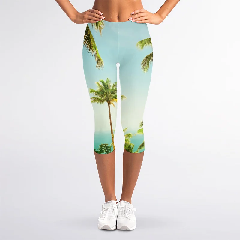 Coconut Tree Print Women's Capri Leggings Elegant Stretchy Faux Leather Leggings