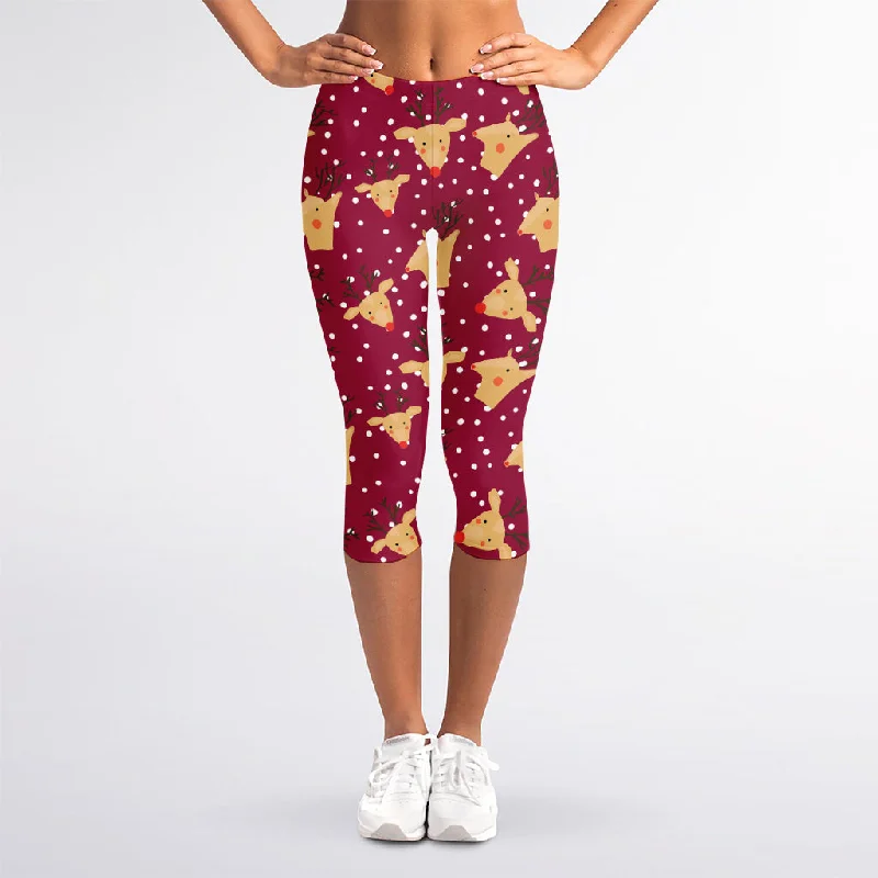 Christmas Deer Pattern Print Women's Capri Leggings Trendy Seamless Fit Leggings