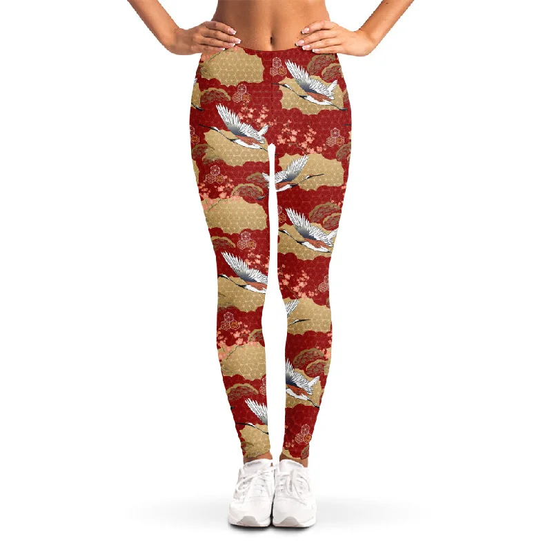 Crane Bird Kimono Pattern Print Women's Leggings Cozy Bootcut Leggings