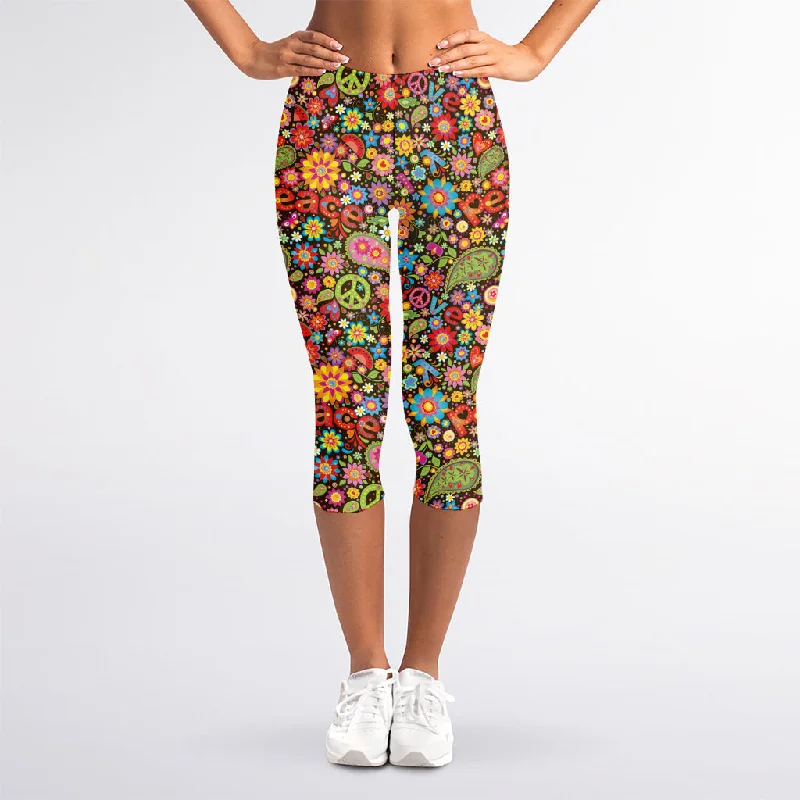 Colorful Hippie Peace Symbols Print Women's Capri Leggings Trendy Ombre Effect Leggings