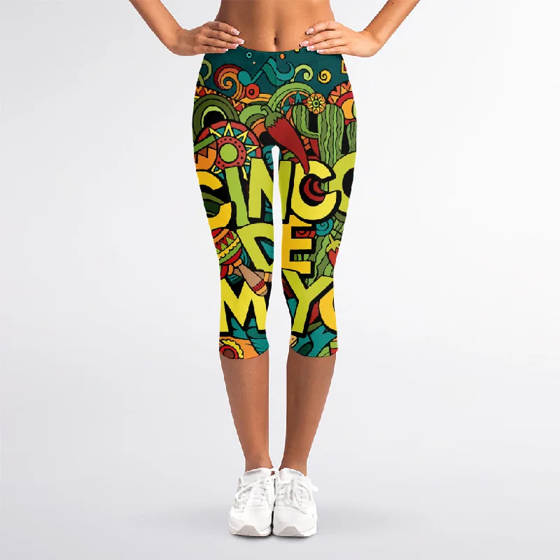 Colorful Cinco de Mayo Print Women's Capri Leggings Stylish Compression Fit Leggings