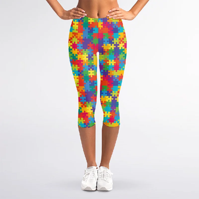 Colorful Autism Awareness Jigsaw Print Women's Capri Leggings Stylish Ankle-Length Leggings