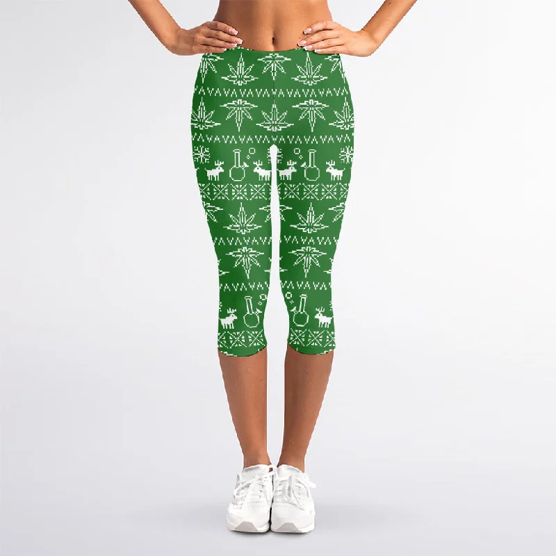 Christmas Pot Leaf Pattern Print Women's Capri Leggings Stylish Printed Sport Leggings