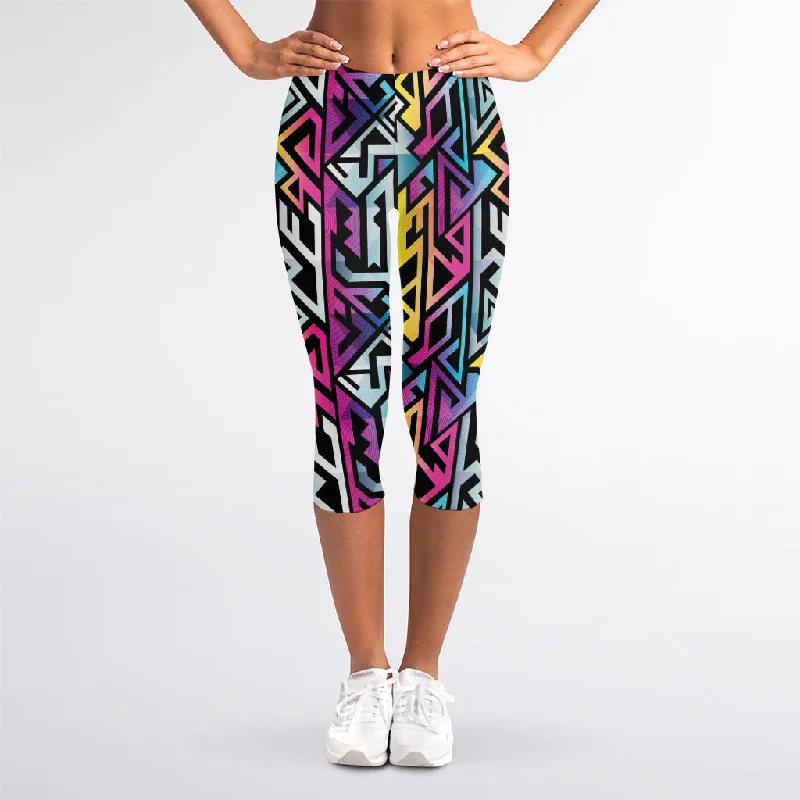 Colorful Geometric Tribal Pattern Print Women's Capri Leggings Fashionable Solid Color Tights