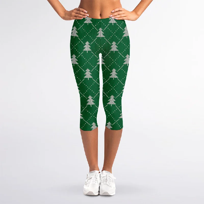 Christmas Tree Knitted Pattern Print Women's Capri Leggings Trendy Digital Print Leggings