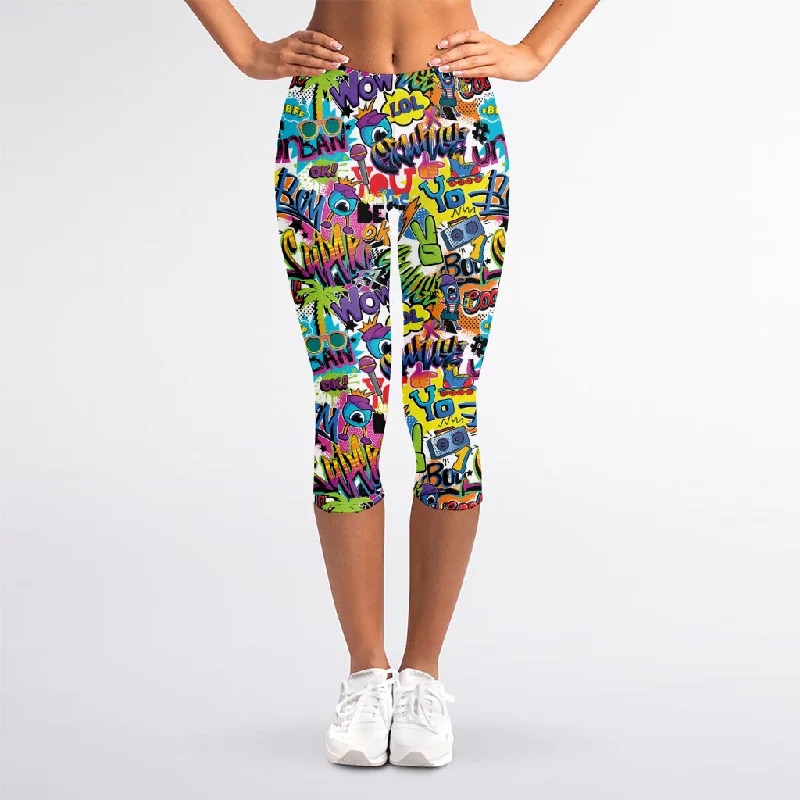 Colorful Graffiti Pattern Print Women's Capri Leggings Trendy Spandex Leggings