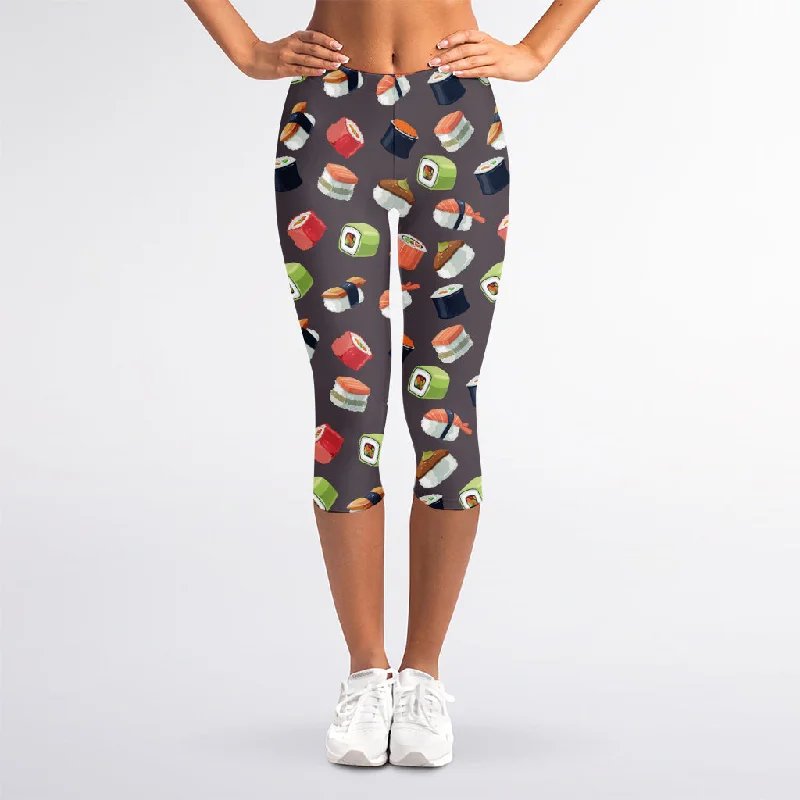 Colorful Japanese Sushi Pattern Print Women's Capri Leggings Fashionable Printed Leggings