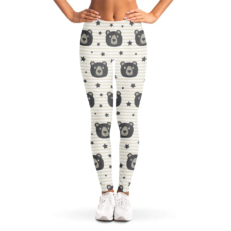 Cute Black Bear Pattern Print Women's Leggings Fashionable Full-Length Active Leggings