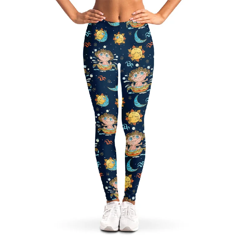 Cute Cartoon Aquarius Pattern Print Women's Leggings Fashionable High-Rise Workout Leggings