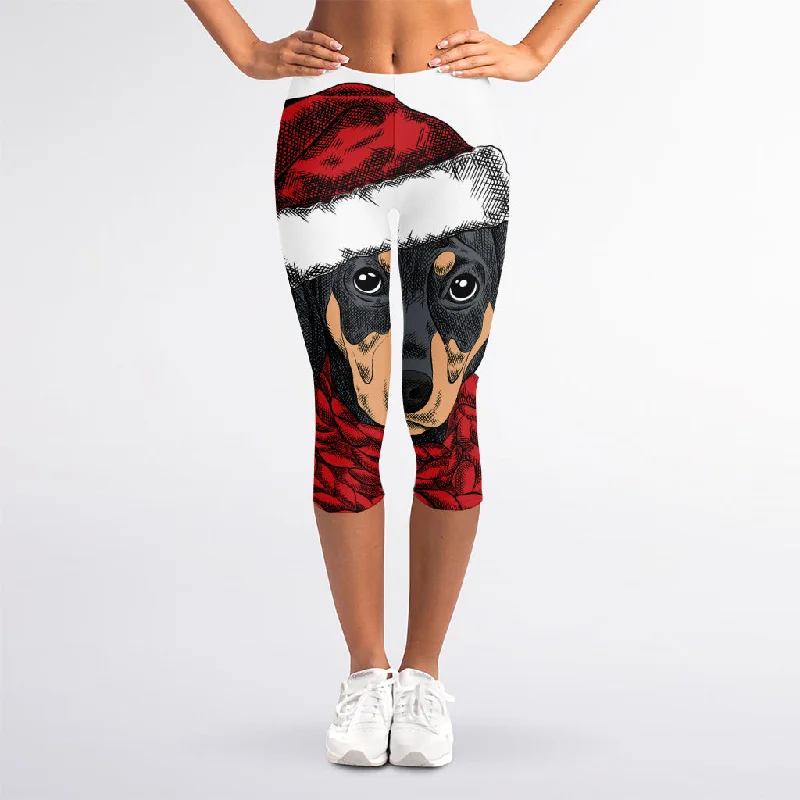 Christmas Santa Dachshund Print Women's Capri Leggings Cozy Cotton Leggings