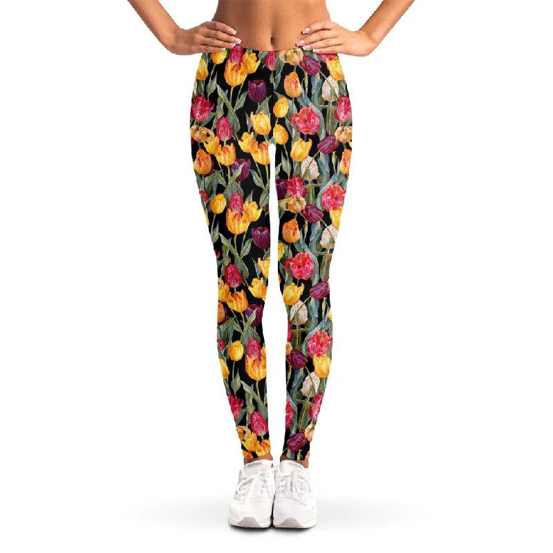 Colorful Watercolor Tulip Pattern Print Women's Leggings Trendy High-Compression Leggings