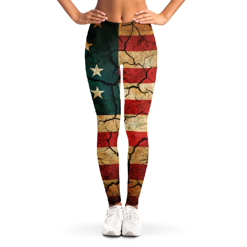 Cracked American Flag Print Women's Leggings Stylish Patterned Active Leggings