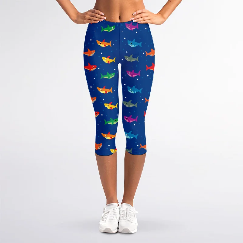 Colorful Baby Sharks Pattern Print Women's Capri Leggings Trendy Patterned Leggings