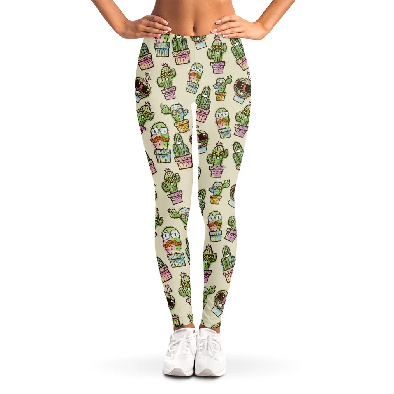 Cute Cartoon Cactus Pattern Print Women's Leggings Stylish Sweat-Proof Leggings