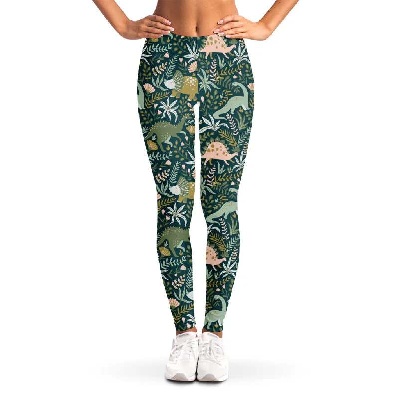 Cute Dino Tropical Leaves Pattern Print Women's Leggings Trendy Patterned Leggings