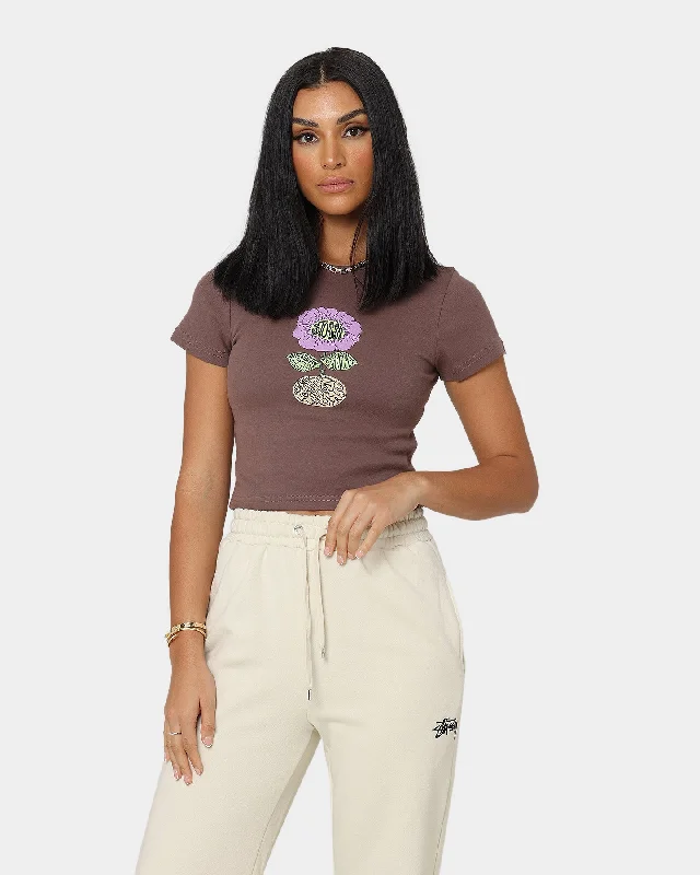 Stussy Women's Sunflower Rib T-Shirt Brown Mesh Blend Leather Blend Suede Blend