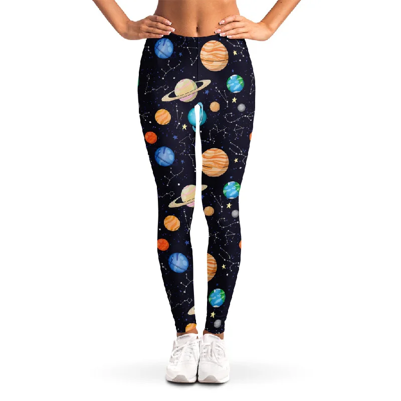 Constellations And Planets Pattern Print Women's Leggings Trendy High-Waist Tummy Control Leggings