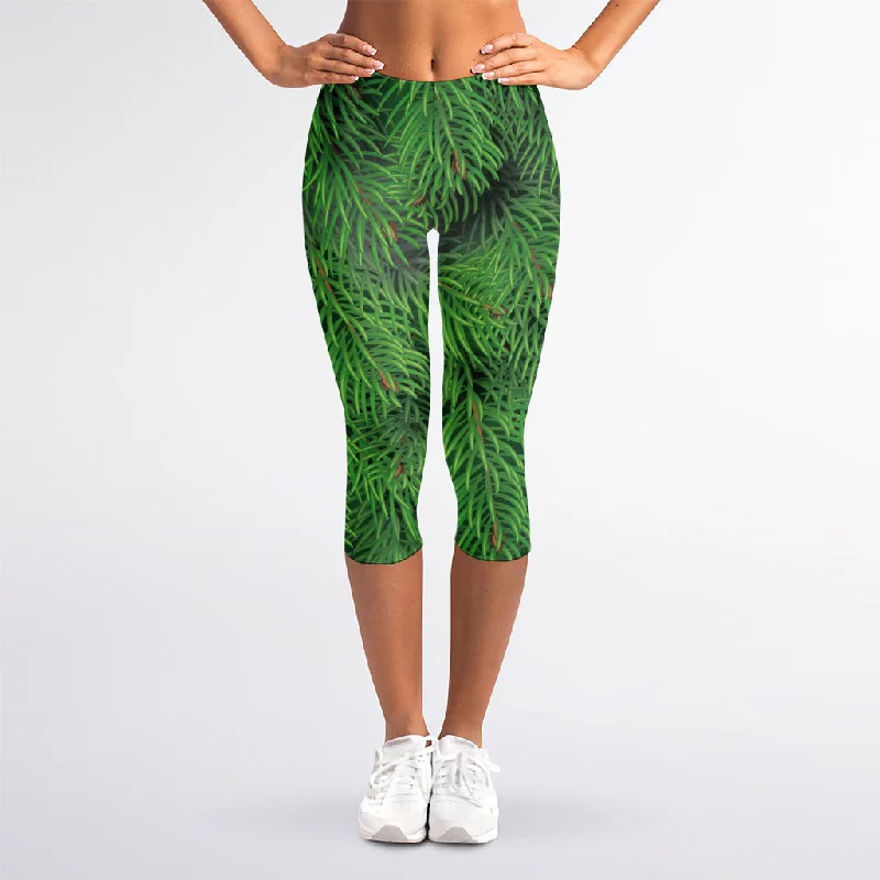 Christmas Tree Branches Print Women's Capri Leggings Stylish Compression Fit Leggings