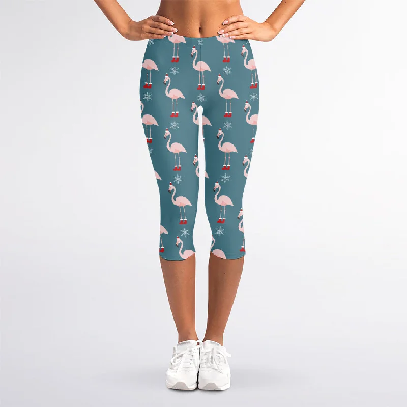 Christmas Snowy Flamingo Pattern Print Women's Capri Leggings Fashionable Solid Color Tights