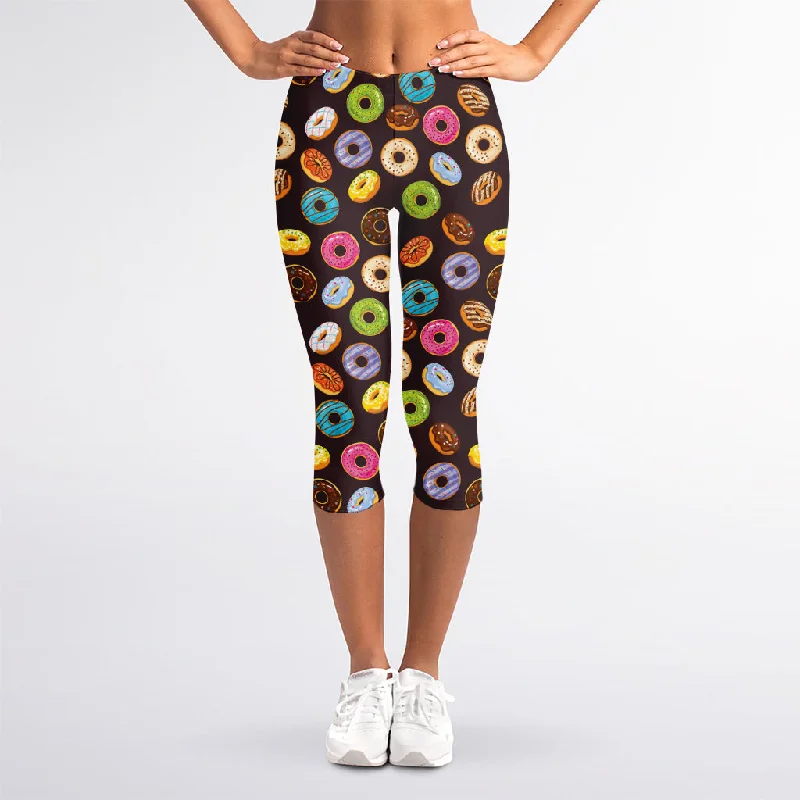 Colorful Donut Pattern Print Women's Capri Leggings Comfortable Tummy Shaping Leggings