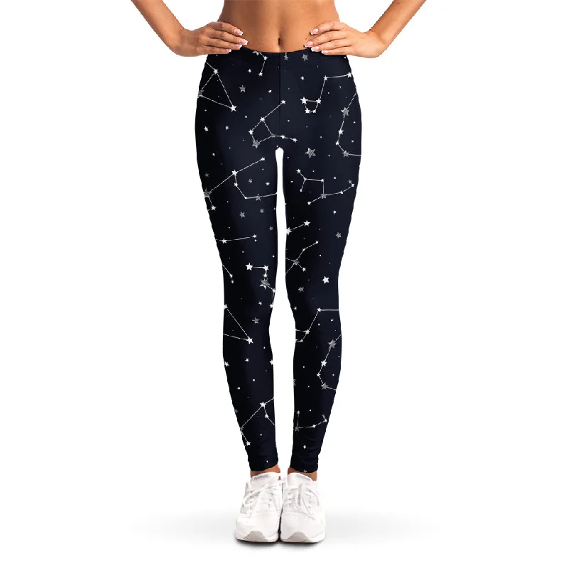 Constellation Stars Pattern Print Women's Leggings Trendy Black Mesh Leggings