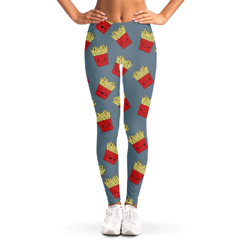 Cute French Fries Pattern Print Women's Leggings Comfortable Ribbed Sports Leggings