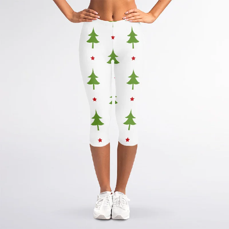 Christmas Tree And Star Pattern Print Women's Capri Leggings Elegant Animal Print Leggings