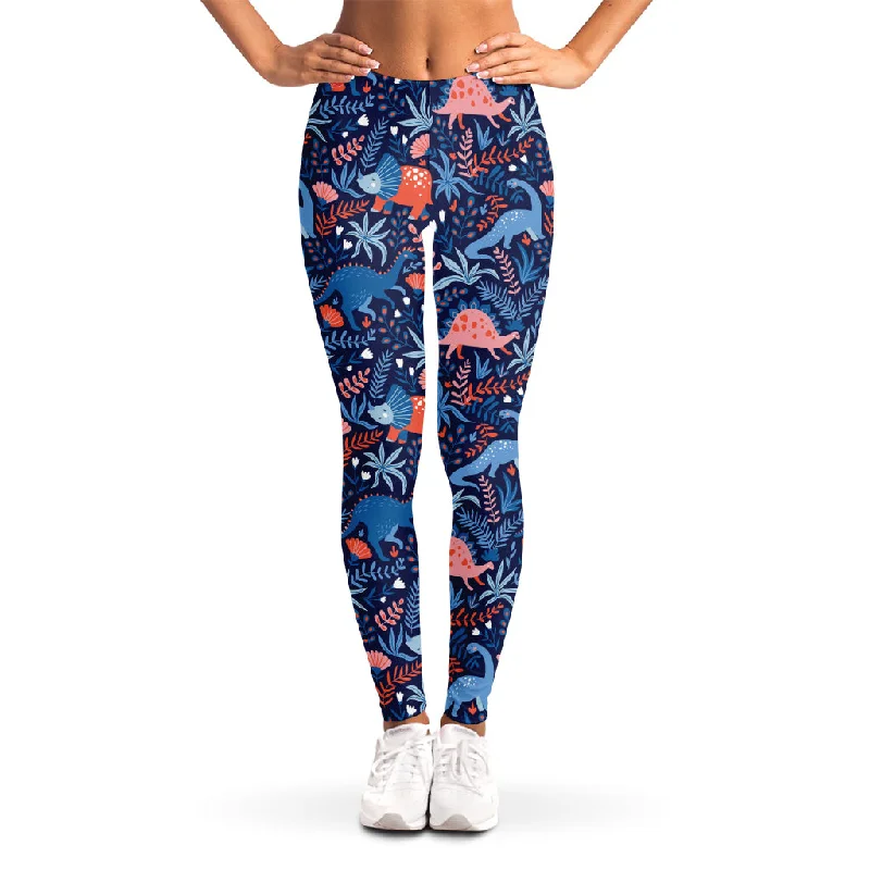 Cute Dino Leaves And Flowers Print Women's Leggings Stylish Stretch-Waist Leggings