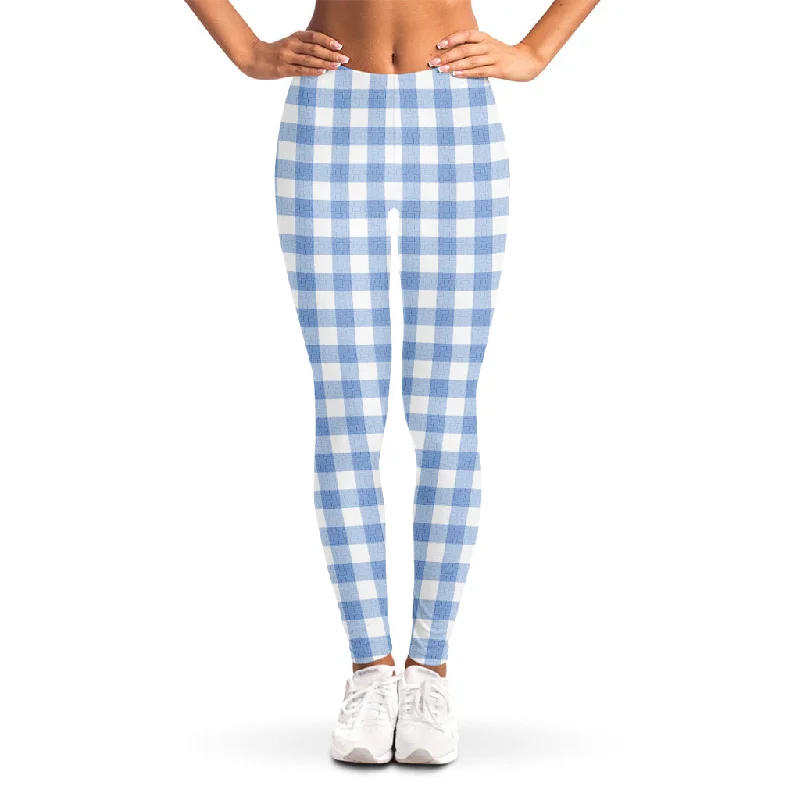 Cornflower Blue And White Gingham Print Women's Leggings Stylish Pockets Active Leggings