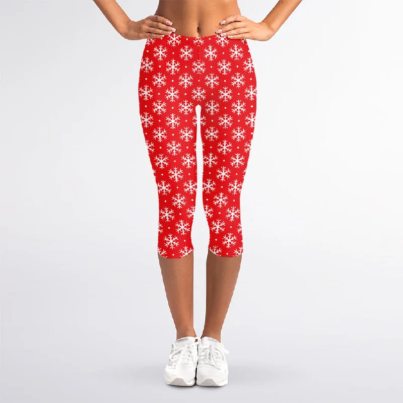 Christmas Snowflake Pattern Print Women's Capri Leggings Elegant Printed Leggings with Pockets