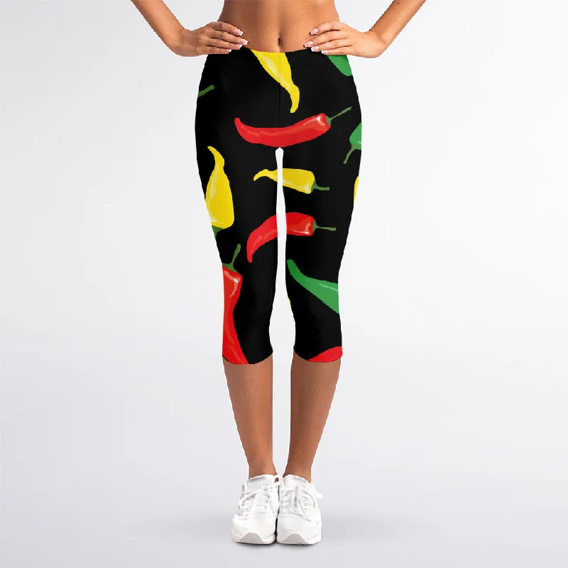 Colorful Chili Peppers Pattern Print Women's Capri Leggings Stylish Side-Stripe Leggings