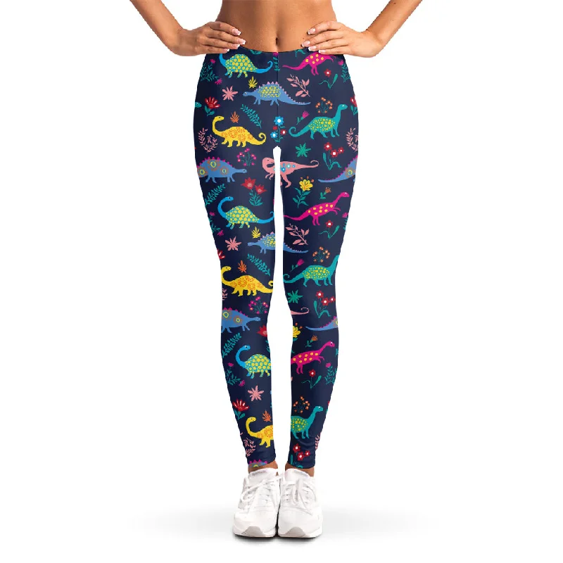 Cute Dino Floral Pattern Print Women's Leggings Cozy Ribbed Leggings