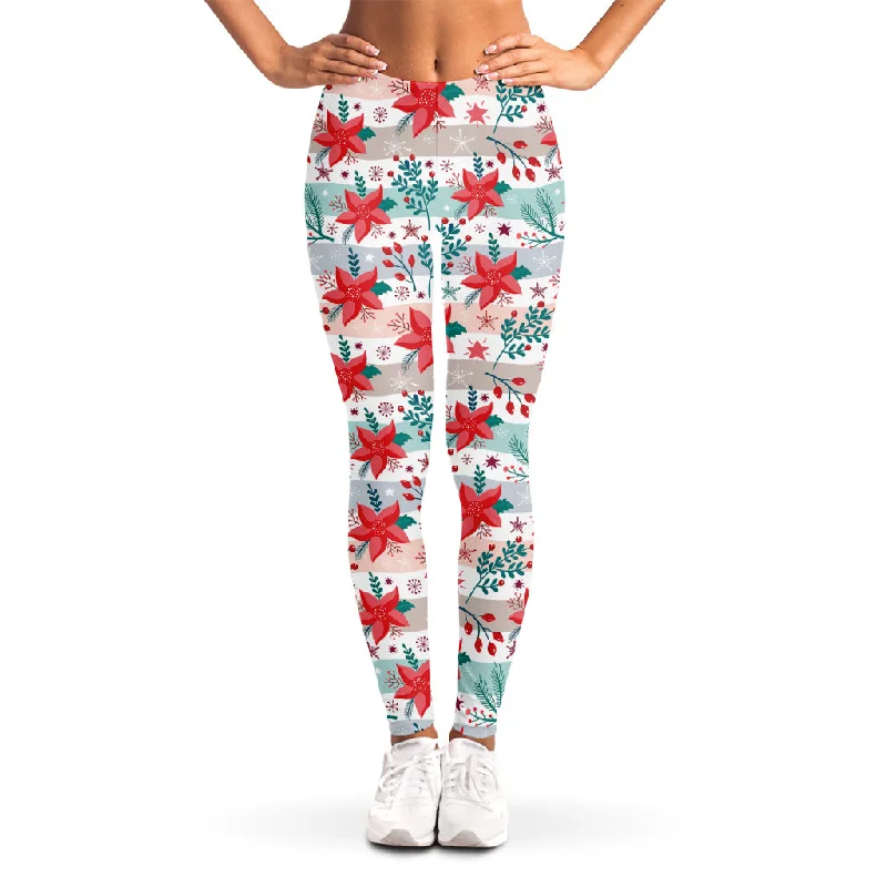 Cute Christmas Poinsettia Pattern Print Women's Leggings Comfortable Bootcut Workout Leggings