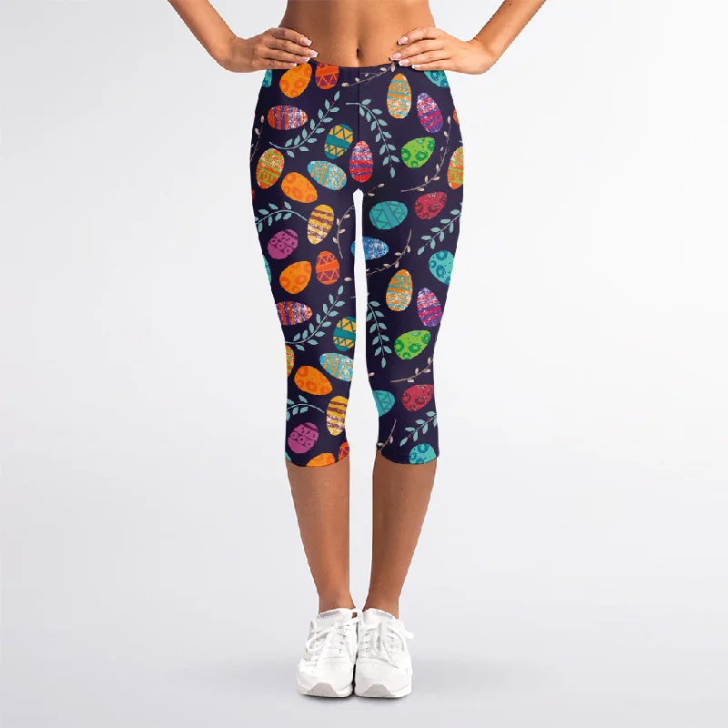 Colorful Easter Eggs Pattern Print Women's Capri Leggings Cozy Oversized Leggings