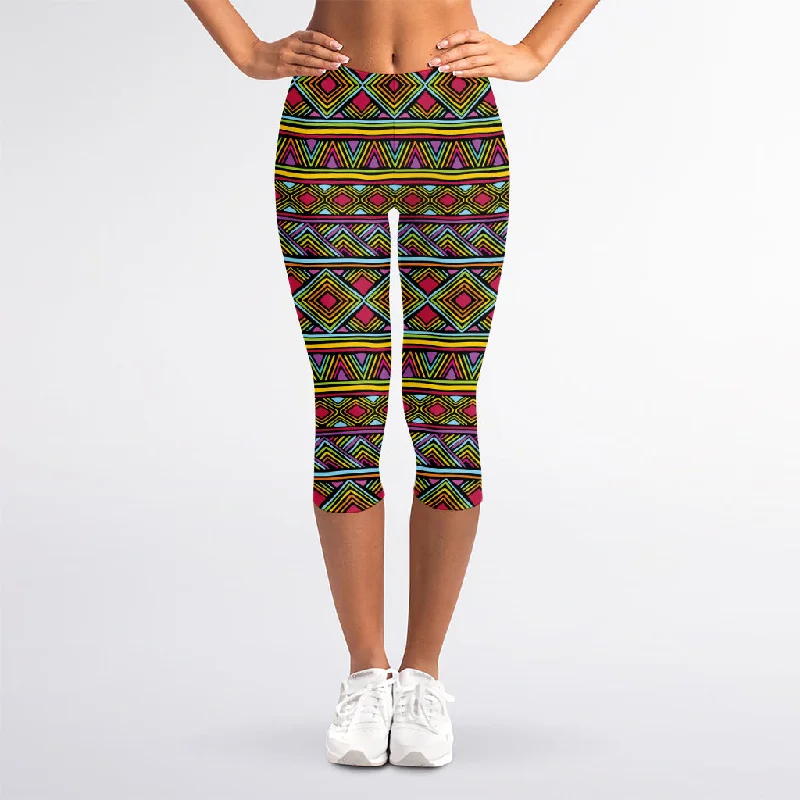 Colorful African Inspired Pattern Print Women's Capri Leggings Trendy Mesh Leggings