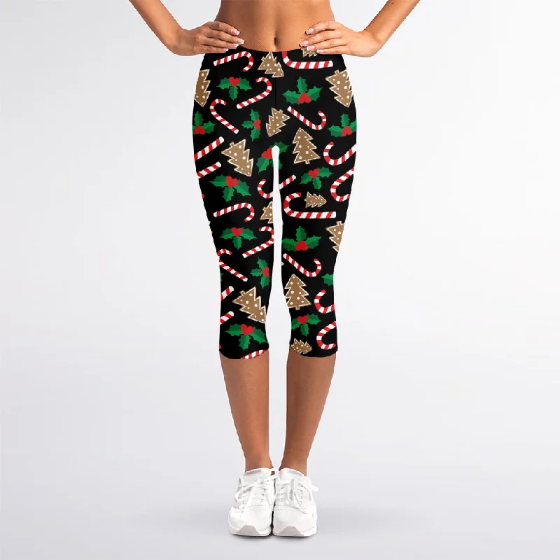 Christmas Cookie And Candy Pattern Print Women's Capri Leggings Fashionable Smooth Fit Leggings