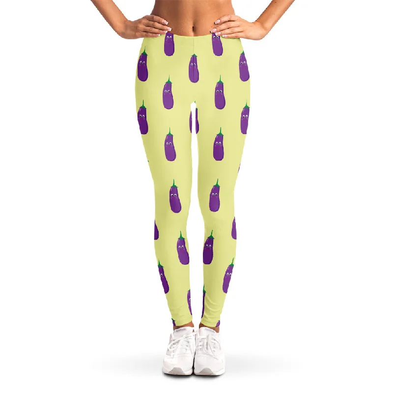 Cute Eggplant Pattern Print Women's Leggings Cozy Mid-Rise Workout Leggings